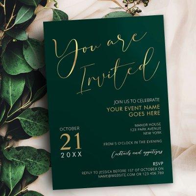Emerald Green & Gold Elegant Script Company Event Invitation
