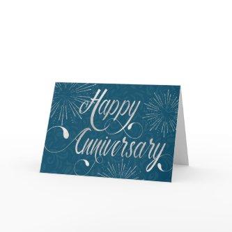 Employee Anniversary Swirly Text Star Bursts Blue Card