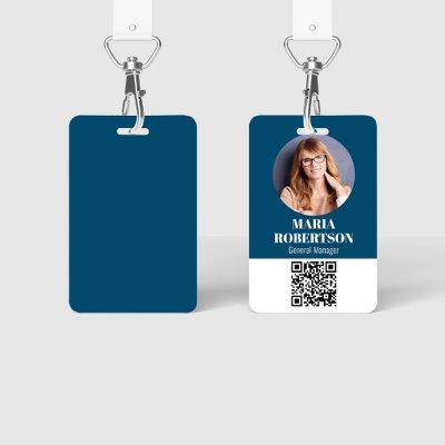 Employee Name Badge Minimalist Photo QR Code Blue