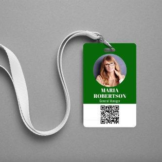 Employee Name Badge Minimalist Photo QR Code Green