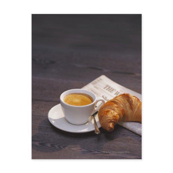 espresso, croissant and newspaper postcard