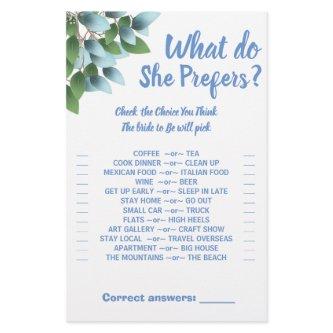 Eucalypt Would She prefer Bridal Shower Game Card Flyer