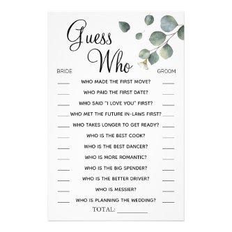 Eucalyptus Guess Who Bridal shower game card Flyer