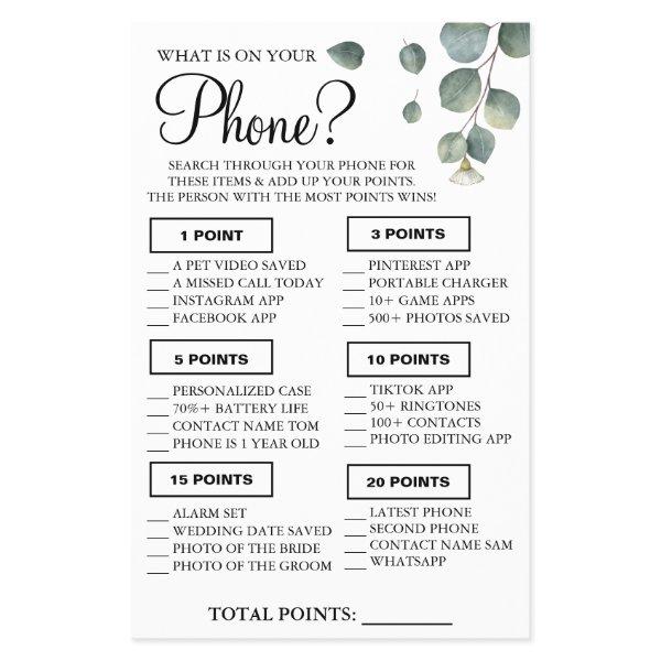 Eucalyptus What is on your phone Shower game card Flyer