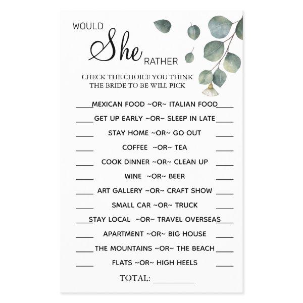 Eucalyptus Would She Rather shower game card Flyer