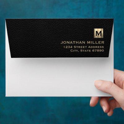 Executive Black Leather Gold Emblem Return Address Envelope