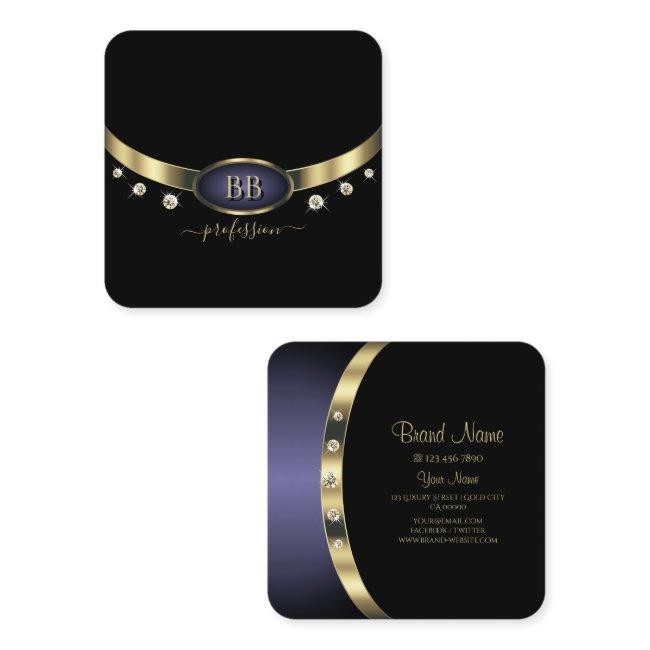 Eye Catching Gold Blue Black Initials Rhinestones Square