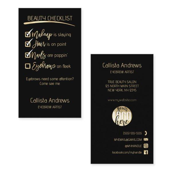 Eyebrow Gold Black Beauty Checklist Business Logo Appointment Card