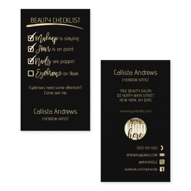 Eyebrow Gold Black Beauty Checklist Business Logo Appointment Card