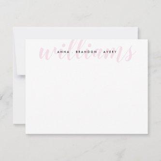 Family Last Name Wedding Couple Blush Pink Script Note Card