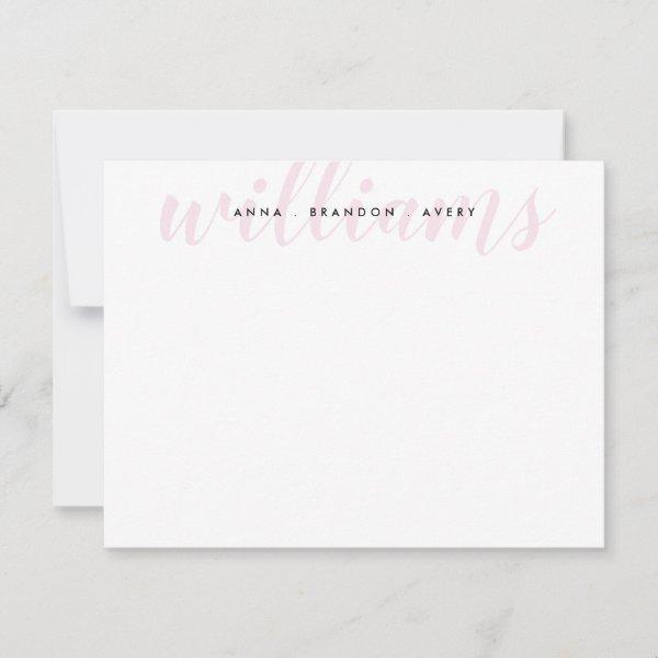 Family Last Name Wedding Couple Blush Pink Script Note Card