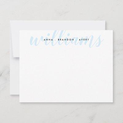 Family Last Name Wedding Couple Light Blue Script Note Card