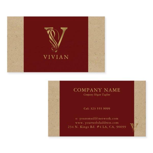 Fancy Gold Letter V Monogram On Red and Cardboard