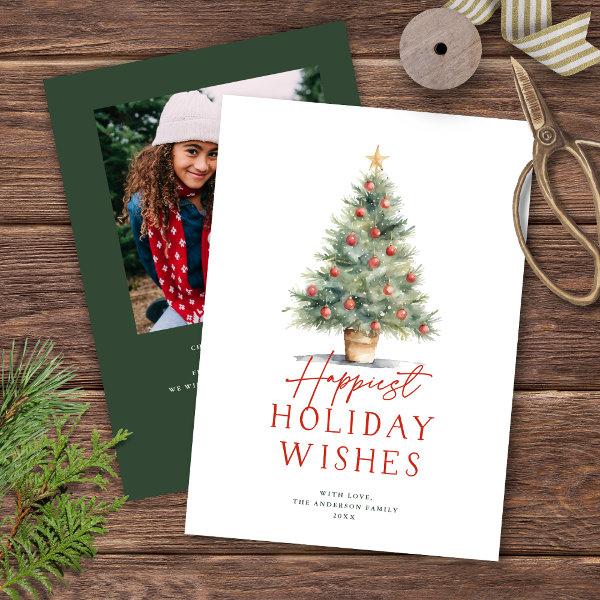 Farmhouse Style Watercolor Christmas Tree + Photo Holiday Card
