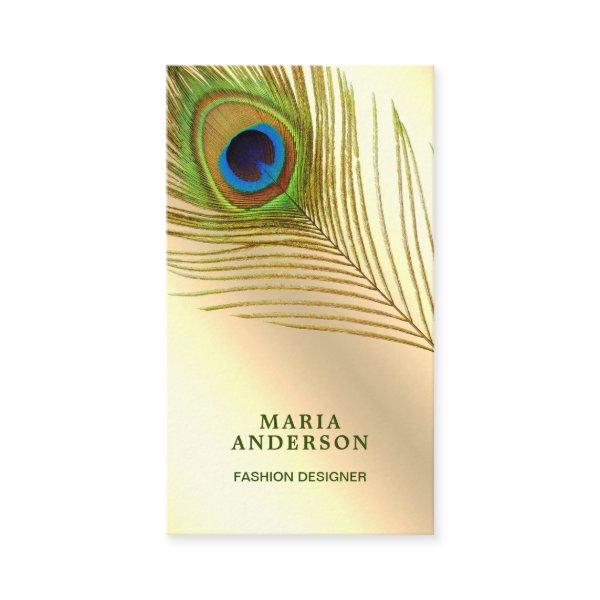 Faux Cream Gold Foil Green Indian Peacock Feather