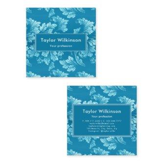 Faux Glitter Elegant Floral Leaves on Blue Square