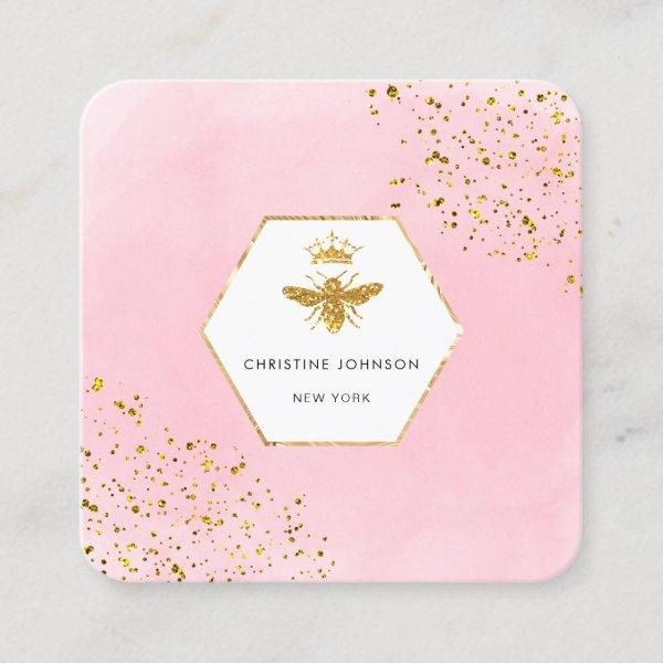 •faux glitter queen bee logo on pink watercolor  square