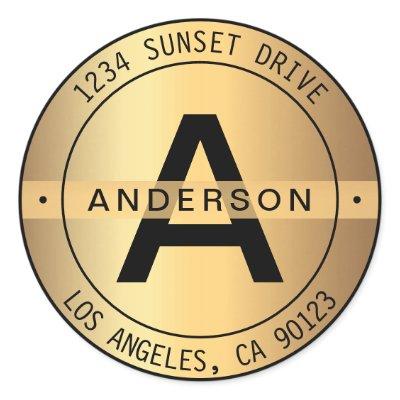 FAUX Gold & Black Bold Monogram & Circular Address Classic Round Sticker