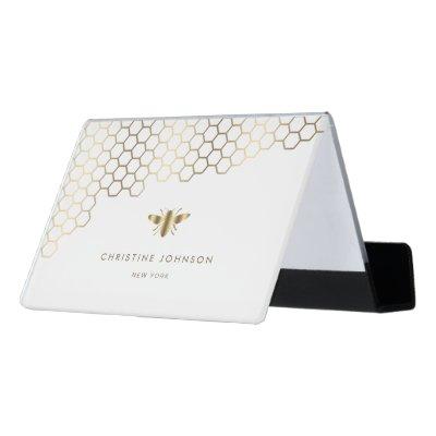 faux gold foil bee on white desk  holder