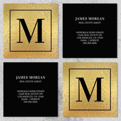Faux Gold Foil Black Border Monogram Square