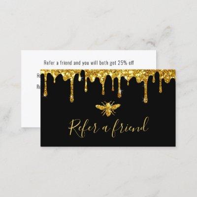 faux gold glitter bee on black referral card