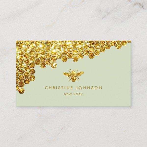 faux gold glitter bee on sage green background