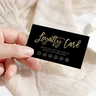 Faux Gold Modern Script on Black Loyalty Card