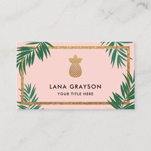 Faux Gold Pineapple & Green Palm Fronds Blush Pink