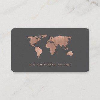Faux Rose Gold World Map on Smoky Gray