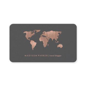 Faux Rose Gold World Map on Smoky Gray