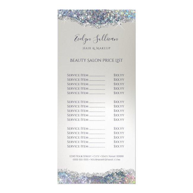 Faux silver glitter foil price list rack card