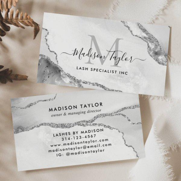 Feminine Silver Gray Glitter Marble Agate Monogram