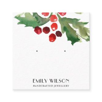 FESTIVE CHRISTMAS HOLLY BERRY STUD EARRING DISPLAY SQUARE