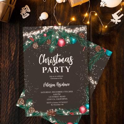 Festive Christmas lights green pine branches snow Invitation