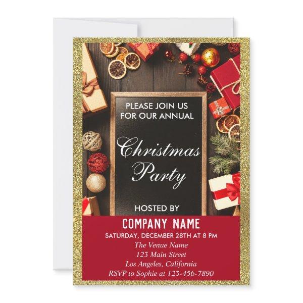 Festive Company Christmas Party Red & Gold Glitter Invitation