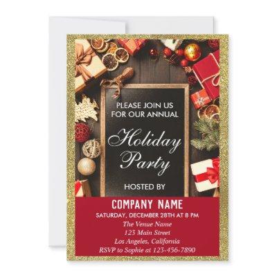 Festive Company Holiday Party Red & Gold Glitter Invitation