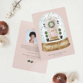 Festive Pink Watercolor Door Snow Globe Business Holiday Card