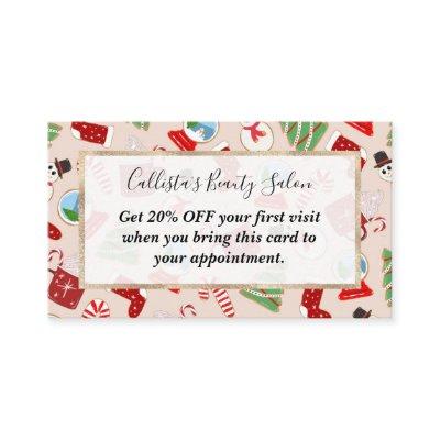 Festive Red Christmas Cookie Illustration Pattern Discount Card