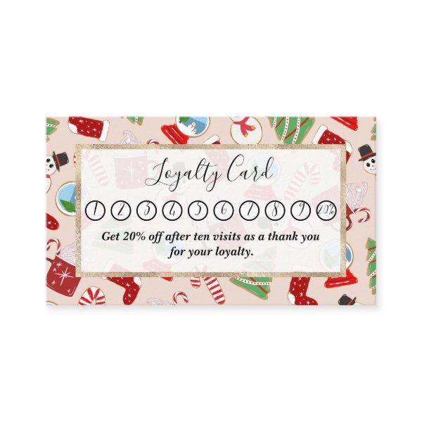 Festive Red Christmas Cookie Illustration Pattern Loyalty Card