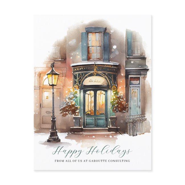 Festive Watercolor Storefront Business Holiday Postcard