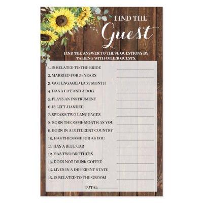 Find the Guest Sunflowers Bridal Shower Game Card Flyer