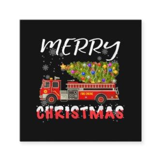 Fire Truck Pine Tree Firefighter Christmas Family Square