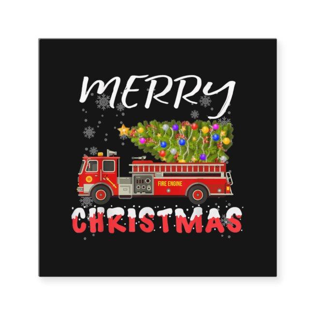 Fire Truck Pine Tree Firefighter Christmas Family Square
