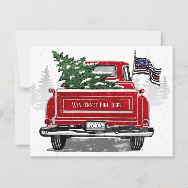 Firefighter Thin Red Line Flag Vintage Red Truck Holiday Card