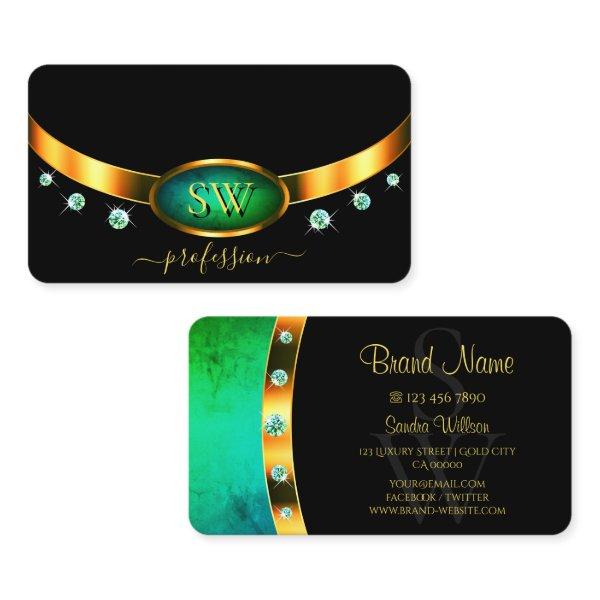 Flashy Black Gold Teal Marble Monogram Diamonds