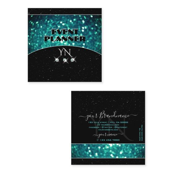 Flashy Black Teal Sparkling Glitter with Monogram Square