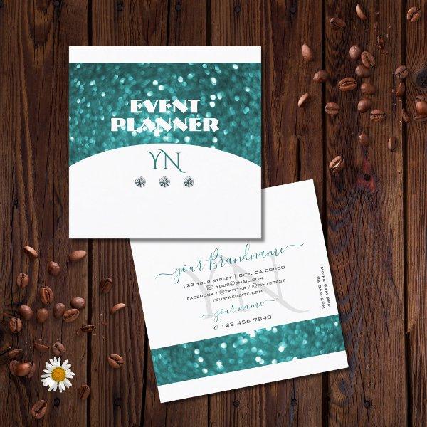 Flashy White Teal Sparkling Glitter with Monogram Square