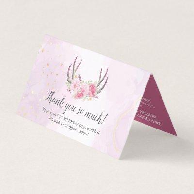 Floral Antlers Pink Gold Marble Thank You Card