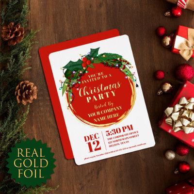 Floral Berry Wreath Christmas Light Corporate Gold Foil Invitation