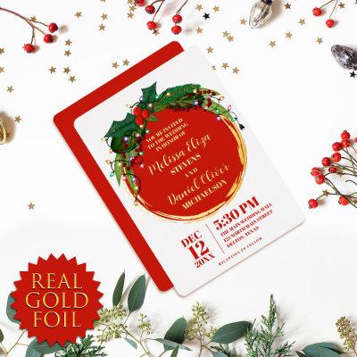 Floral Berry Wreath Christmas Lights Wedding Foil Invitation